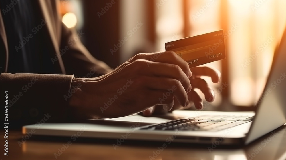 person typing on laptop with credit card. internet banking. Generative AI person typing on laptop with credit card. internet banking. Generative AI