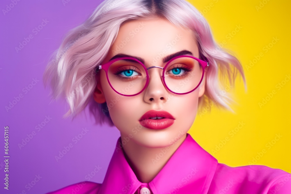 Beautiful fashion female model with blonde hair portrait . European young woman wearing glasses. Bright colors, stylish makeup. Generative AI Beautiful fashion female model with blonde hair portrait . European young woman wearing glasses. Bright colors, stylish makeup. Generative AI