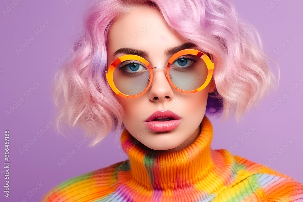 Beautiful fashion female model with blonde hair portrait . European young woman wearing glasses. Bright colors, stylish makeup. Generative AI