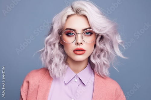Beautiful fashion female model with blonde hair portrait . European young woman wearing glasses. Bright colors, stylish makeup. Generative AI