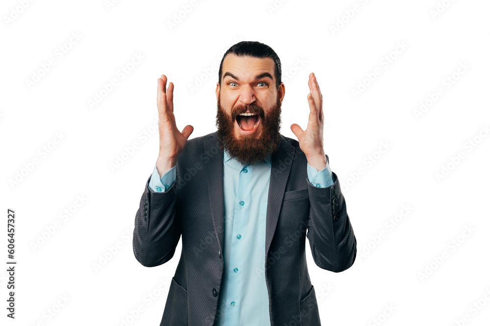 Excited bearded man is screaming out loud that he has got some good news. Excited bearded man is screaming out loud that he has got some good news.
