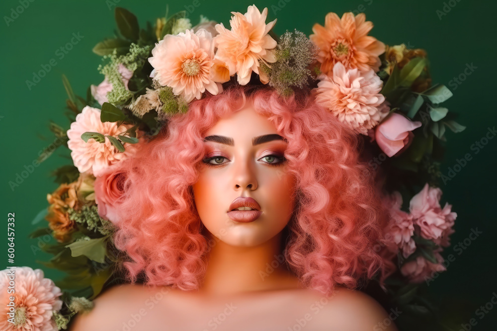 Beautiful plus-size female model wearing a flower wreath portrait. Body positivity and diversity. Generative AI
