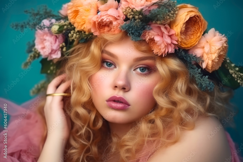 Beautiful plus-size female model wearing a flower wreath portrait. Body positivity and diversity. Generative AI