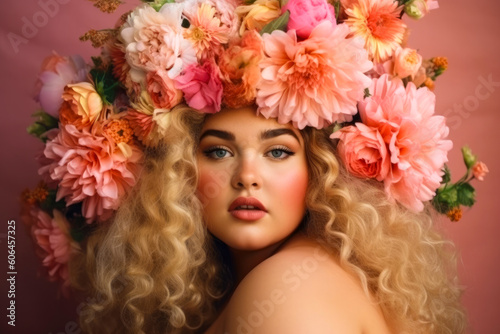 Beautiful plus-size female model wearing a flower wreath portrait. Body positivity and diversity. Generative AI © MVProductions