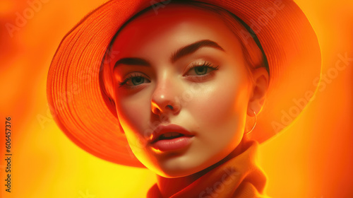 Beauty portrait of a female with hat on an orange background. Generative AI