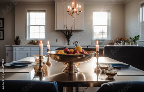 living room interior with table and a centerpiece with fruit created with Generative AI technology