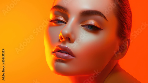 Beauty portrait of a female on an orange background. Generative AI