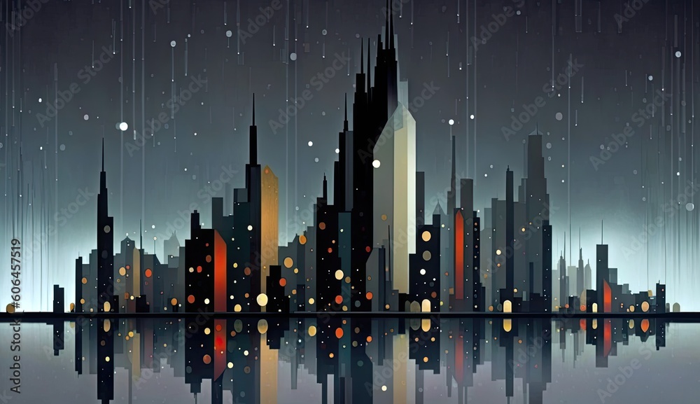 AI-generated illustration of weather in a big city: rain. MidJourney.