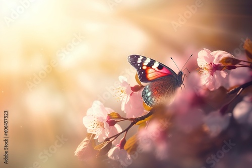 Spring banner, branches of blossoming cherry against the background of blue sky, and butterflies on nature outdoors. 