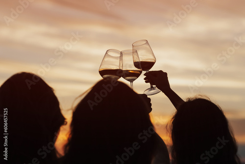 Obraz na płótnie The girls arranged a picnic at sunset. Picnic in the fresh air with wine. Close-up of the girls' hands as they clink glasses with wine. w salonie