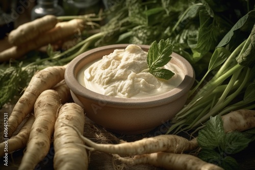 horseradish sauce in a white ceramic bowl, surrounded by freshly harvested horseradish roots photo
