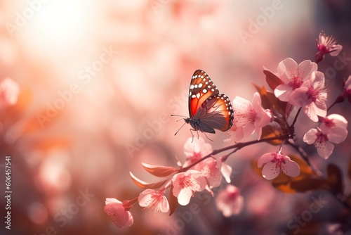 Spring banner, branches of blossoming cherry against the background of blue sky, and butterflies on nature outdoors.  © MstAsma