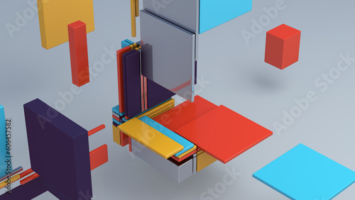 Colorful blocks flying. Abstract illustration, 3d render.