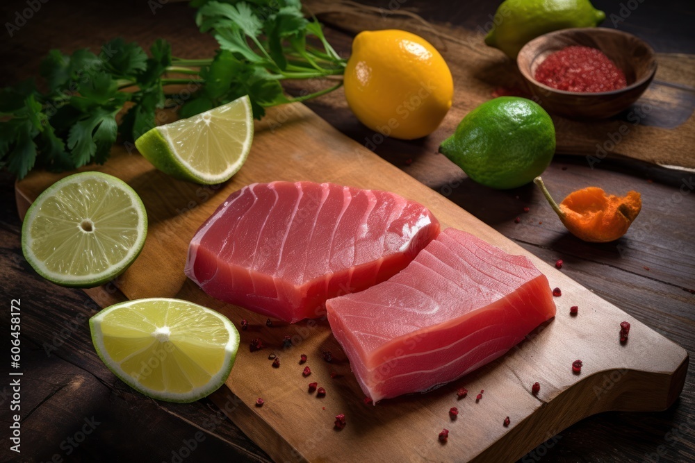 close-up view of a fresh raw tuna steak on cutting board, ai tools generated image