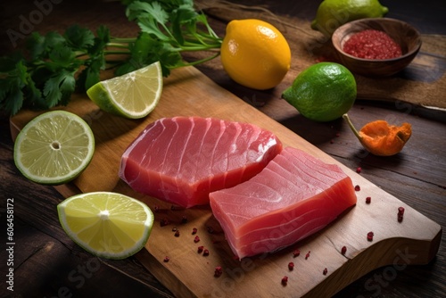 close-up view of a fresh raw tuna steak on cutting board, ai tools generated image