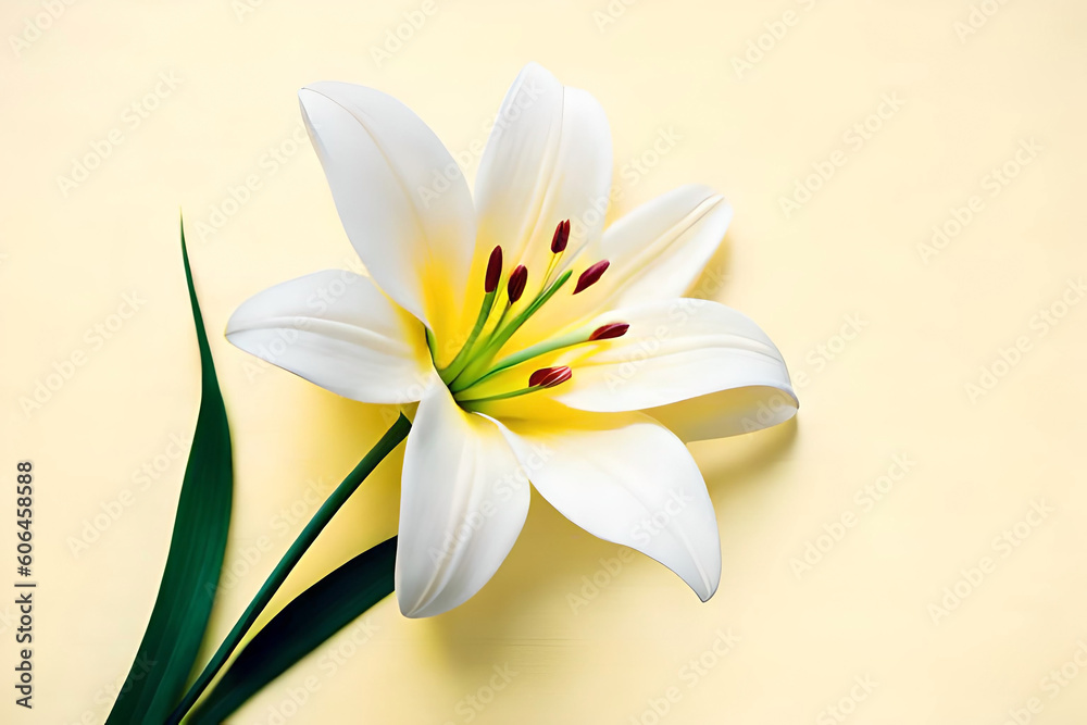 Fototapeta premium Top view, White lily head on yellow background, flat lay
