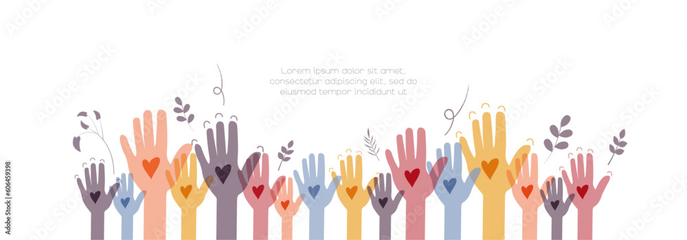 Raised hands. Volunteering, teamwork concert. Raised hands. Volunteering, teamwork concert.