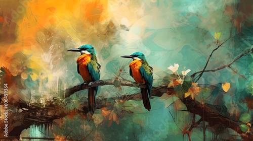 illustrated birds in the jungle, with abstract background, Wallpaper  © Uwe