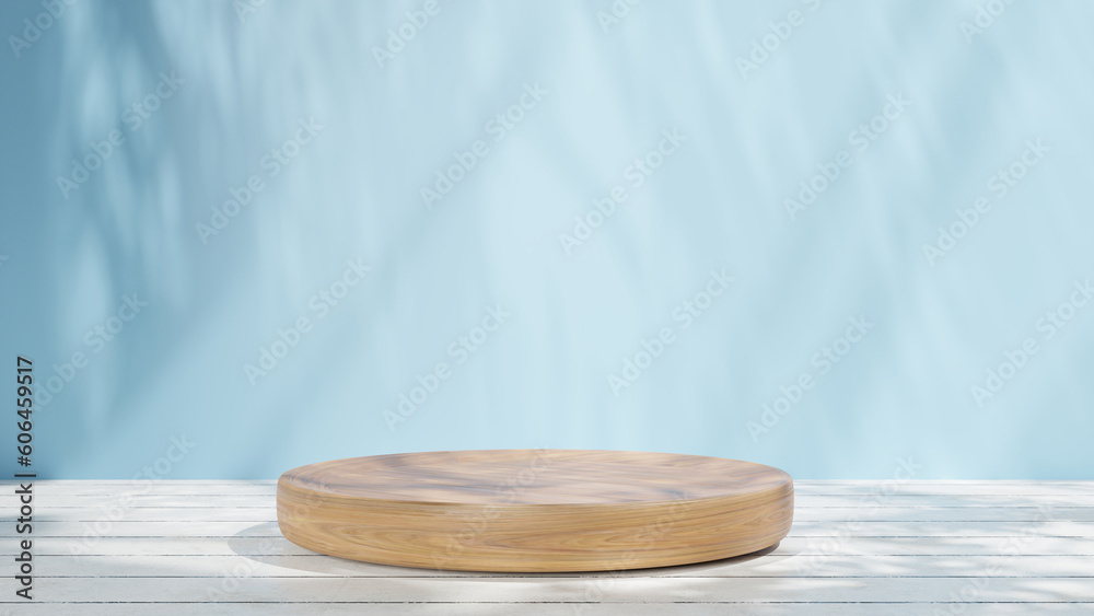 Round wooden podium for food, products or cosmetics against khaki wall with shadows and sun reflections. Mockup