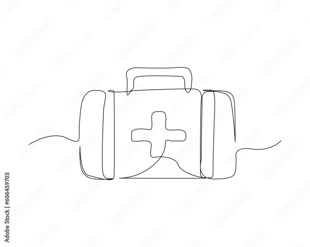 Continuous one line drawing of first aid kit box. Medical first aid bag