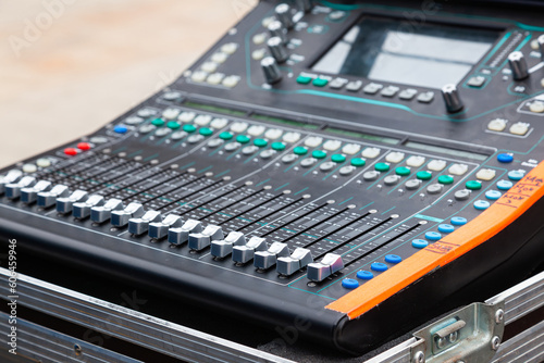 Professional music mixer. DJ remote music control panel.
