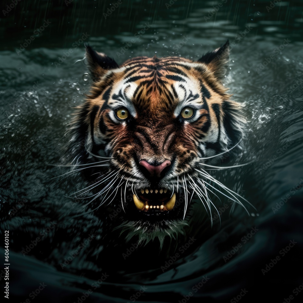 Angry Tiger Tigress swimming in the Water Tiger Bares Teeth