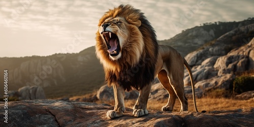A lion roaring in the wild, representing power and majesty, concept of Wilderness, created with Generative AI technology