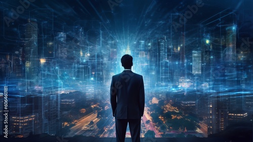 Business man on future network city - Businessman concept - businessman in the city - person in the city - person in front of a city - person with code, Generative AI © Ameer