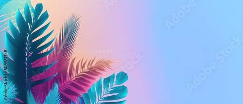 copy space green and purple metallic palm leaf  by ai generative