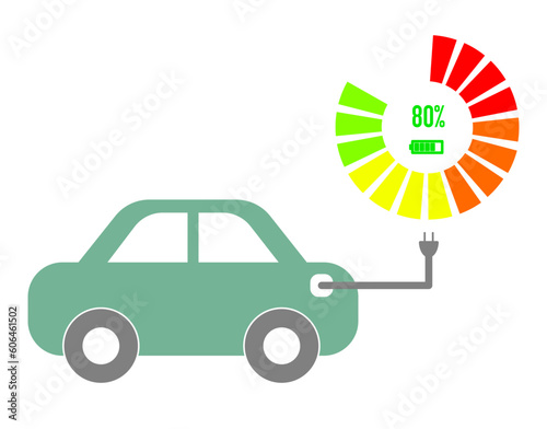 Electric car with energy efficiency chart. Vector illustration. Flat design color electric vehicle EV charger.