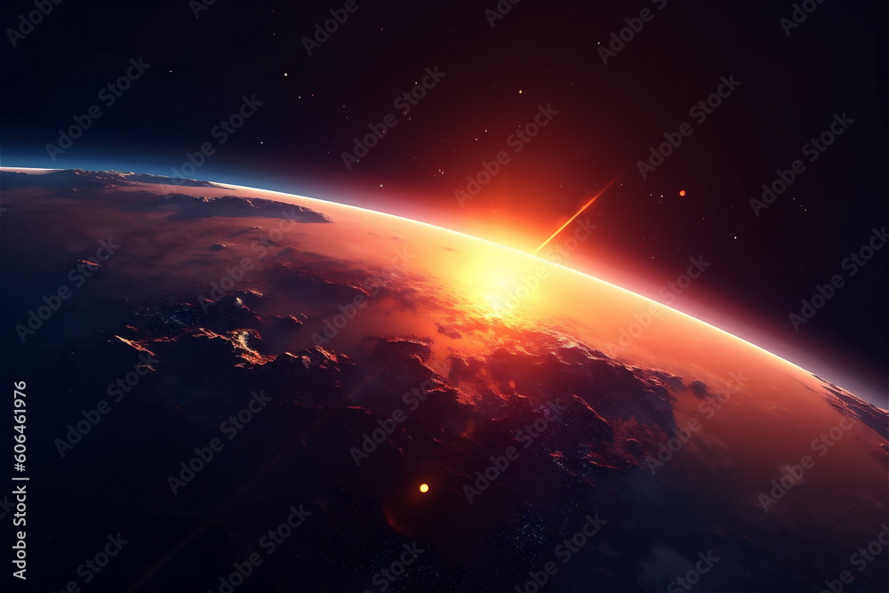 rising sun behind planet Earth. AI generated content