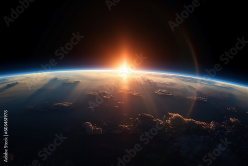 rising sun behind planet Earth. AI generated content photo