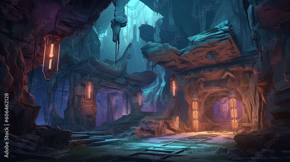 Fototapeta premium Mystery Cave with Sci-Fi Building by ai generative
