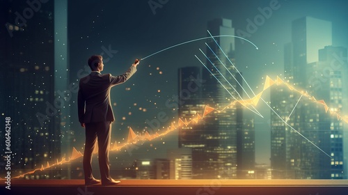 Business development to success and growing growth concept, Businessman pointing line dot graph corporate future growth plan, person in the city, Generative AI