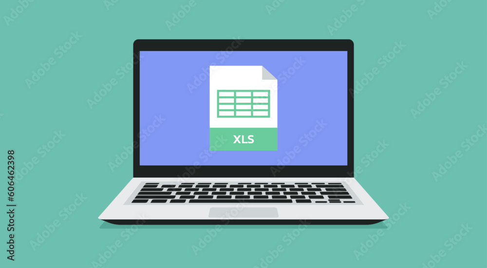 file format icon with XLS label on laptop screen, vector flat illustration file format icon with XLS label on laptop screen, vector flat illustration