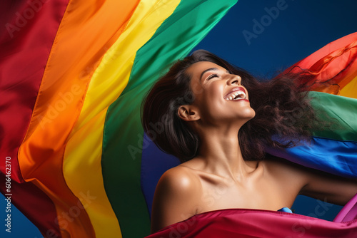 Expressive Generative AI pride photo of a lesbian with a rainbow flag. Inclusive society with equal rights. Pride month celebration of diversity and inclusion. 