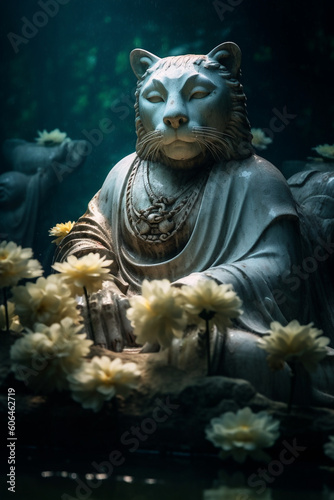 Statue of Cat Buddha Under Water Surrounded with water lilies and Soft Light. generative ai