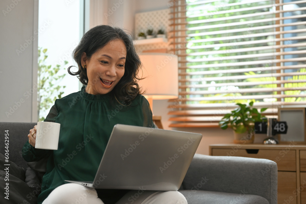 Domestic life concept with middle aged Asian woman looking happy and using laptop while sitting on sofa. Domestic life concept with middle aged Asian woman looking happy and using laptop while sitting on sofa.