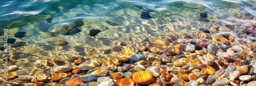 Clear Shallow Water with Colorful pebbles Visible Underneath. Generative ai