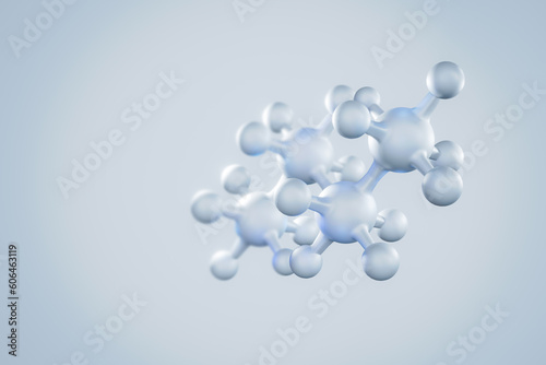 3D white atom model with blue light on white background. illustration 3d technology of science abstract background with molecular structure concept.