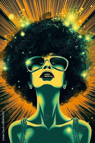  Glamorous woman with afrolatin flair and futuristic glasses, surrounded by art deco-inspired details and vibrant light rays, Generative AI  photo