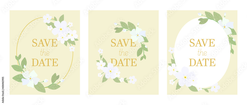 A set of three wedding cards with white flowers on a beige baground. Save the date gold text with bouquet.