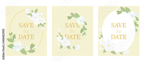 A set of three wedding cards with white flowers on a beige baground. Save the date gold text with bouquet. photo