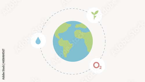 Infographics of the planet earth with icons. Oxygen, drop of water, and plants icon. Flat design concept vector.