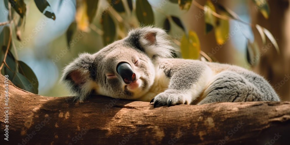 Fotografie A koala snoozing in a eucalyptus tree, embodying peace and tranquility, concept