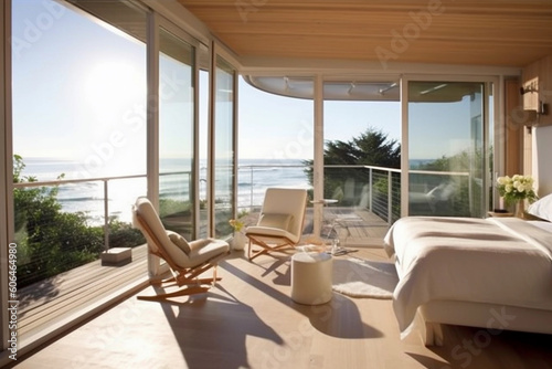 luxury interior of beach house with sea view. generative ai