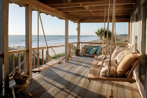 luxury interior of beach house with sea view. generative ai