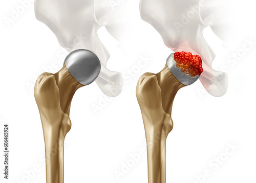 Femoral Head Disease and osteonecrosis or avascular necrosis and aseptic necrosis with a healthy hip compared to an osteoarthritis damaged pelvic joint  photo