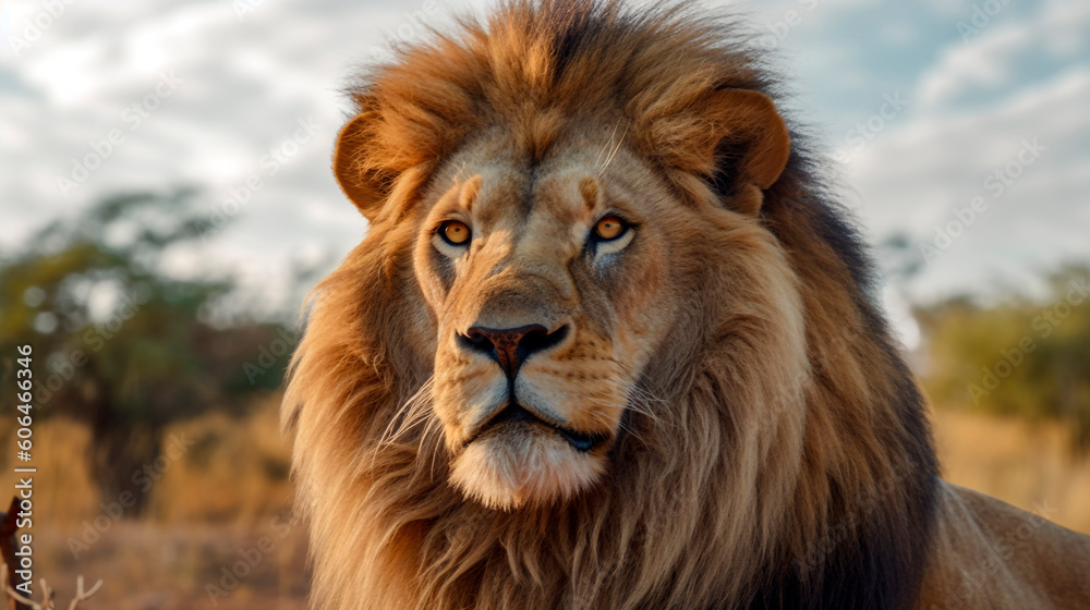 A lion stands in the middle of the savannah. Generative Ai. 