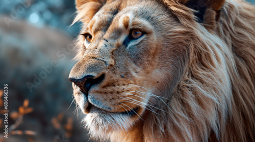 close-up of a lion in the wild. Generative Ai. 